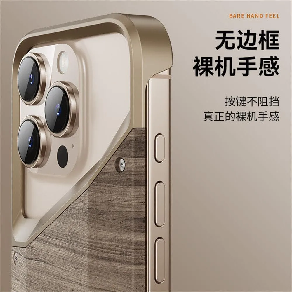 Solid Wood Aluminum Alloy Frameless Mobile Phone Case Suitable for iPhone 15 16 Pro Max Half-Covered Protective Case,Desert Gold,for iPhone 16 Pro Max