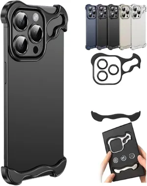 Special-Shaped Metal Corner Pad Anti-Fall Phone Case Suitable for iPhone 15 14 13 Pro Max, Lens Film Naked Frameless Slim Thin Bare Metal Feel (Black,15Promax)