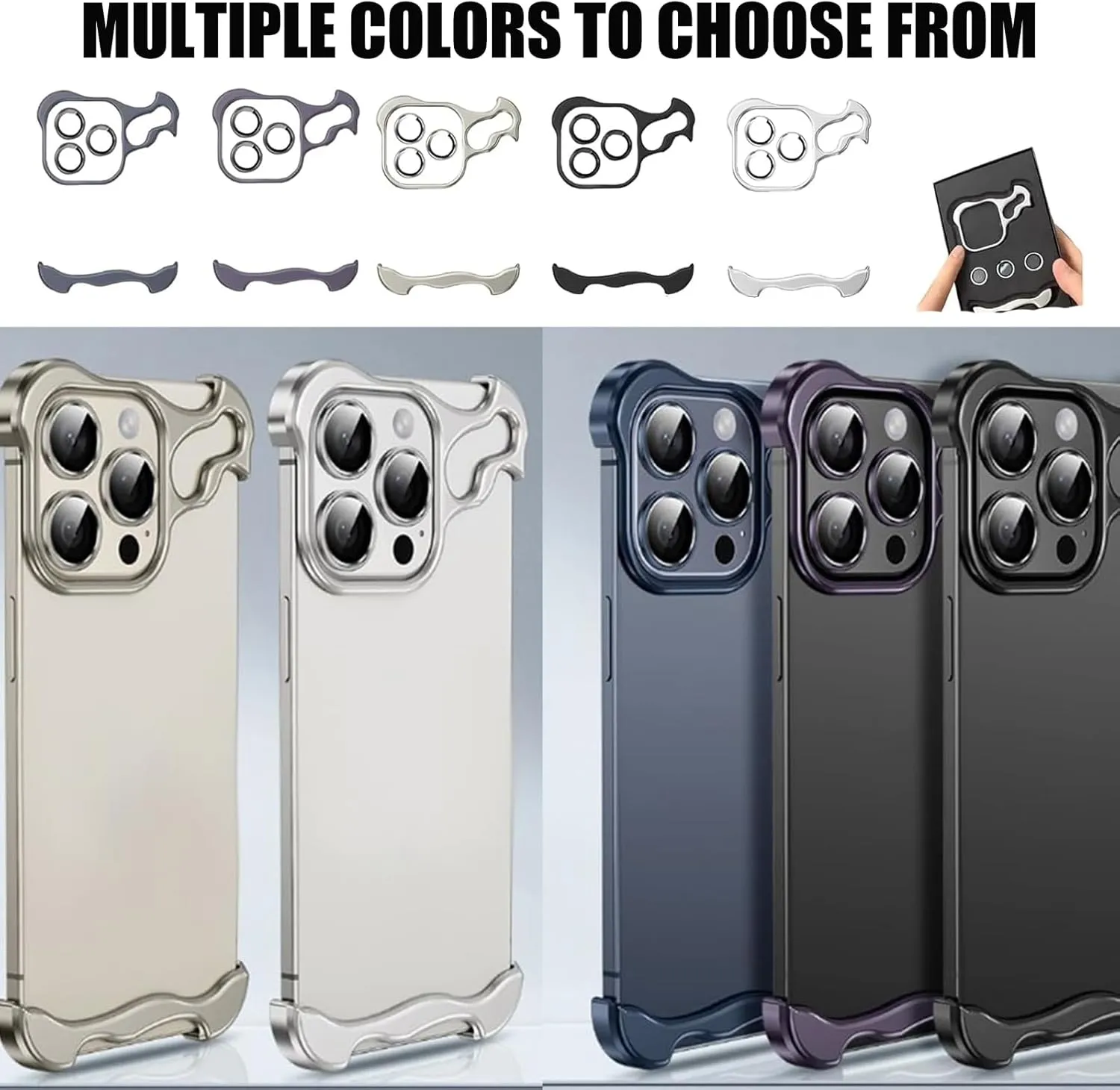 Special-Shaped Metal Corner Pad Anti-Fall Phone Case Suitable for iPhone 15 14 13 Pro Max, Lens Film Naked Frameless Slim Thin Bare Metal Feel (Black,15Promax)