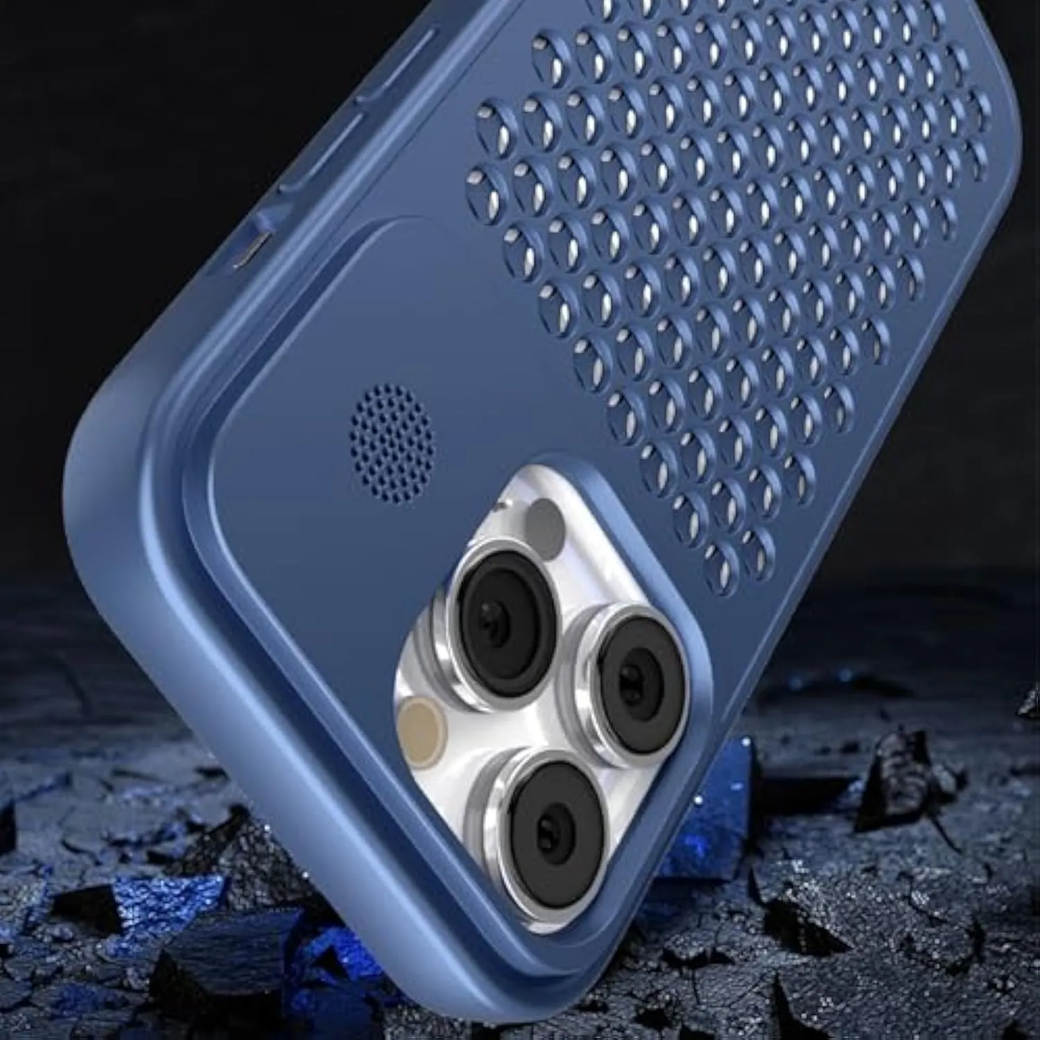 Spring Buckle Aluminum Alloy Mesh Cooling for iPhone Case for iPhone 16 15 14 13 12 Pro Max, Electroplating Heat Dissipation Phone Case, Camera Lens Protection (15pro,Blue)
