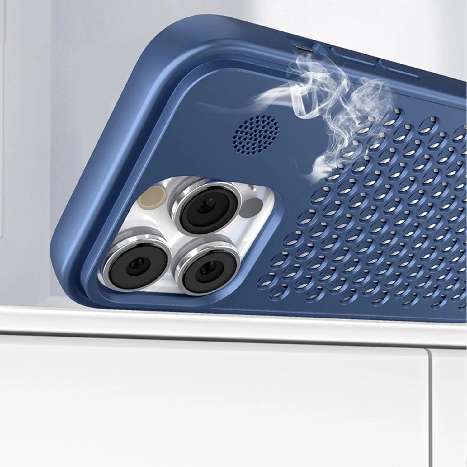 Spring Buckle Aluminum Alloy Mesh Cooling for iPhone Case for iPhone 16 15 14 13 12 Pro Max, Electroplating Heat Dissipation Phone Case, Camera Lens Protection (15pro,Blue)
