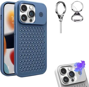 Spring Buckle Aluminum Alloy Mesh Cooling for iPhone Case for iPhone 16 15 14 13 12 Pro Max, Electroplating Heat Dissipation Phone Case, Camera Lens Protection (15pro,Blue)