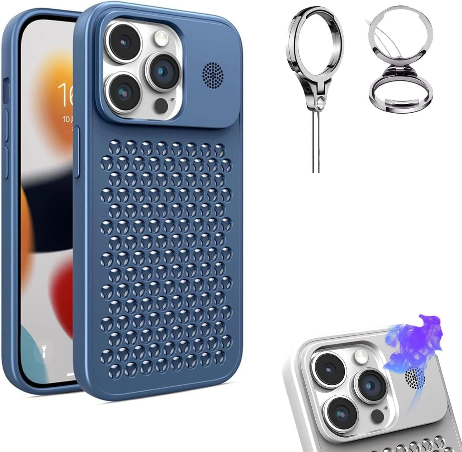Spring Buckle Aluminum Alloy Mesh Cooling for iPhone Case for iPhone 16 15 14 13 12 Pro Max, Electroplating Heat Dissipation Phone Case, Camera Lens Protection (15pro,Blue)
