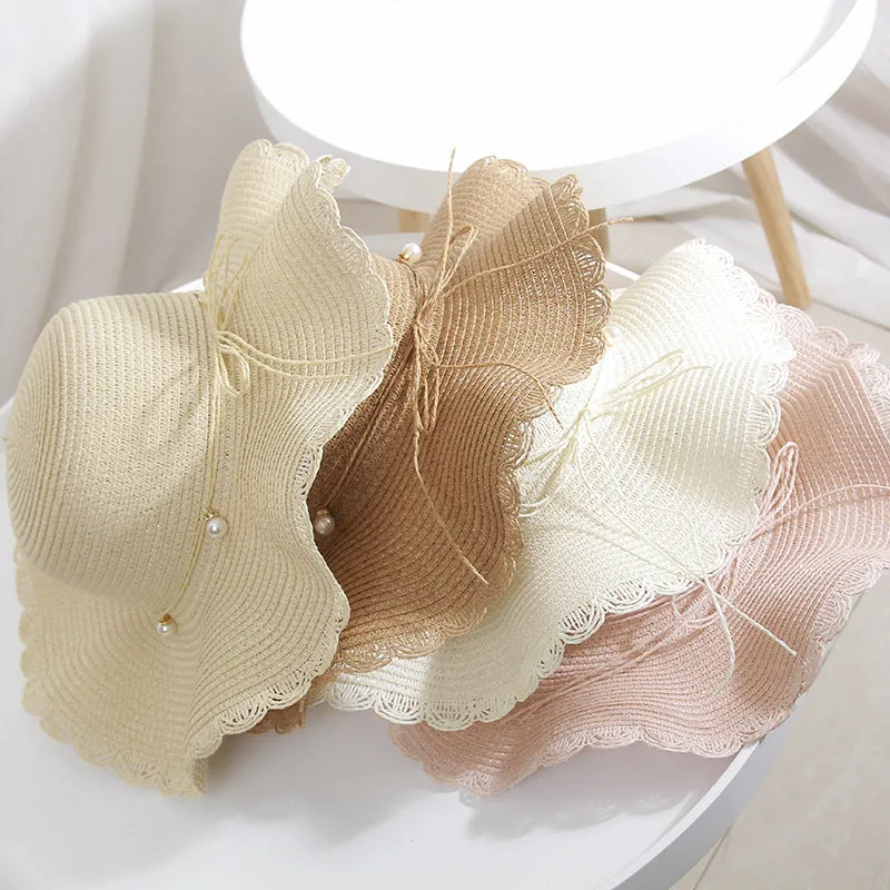 Straw Hat Women's Summer Wave along Pearl Bow Wide Brim Hat Korean Style Travel Beach Sun Protection Sun Hat