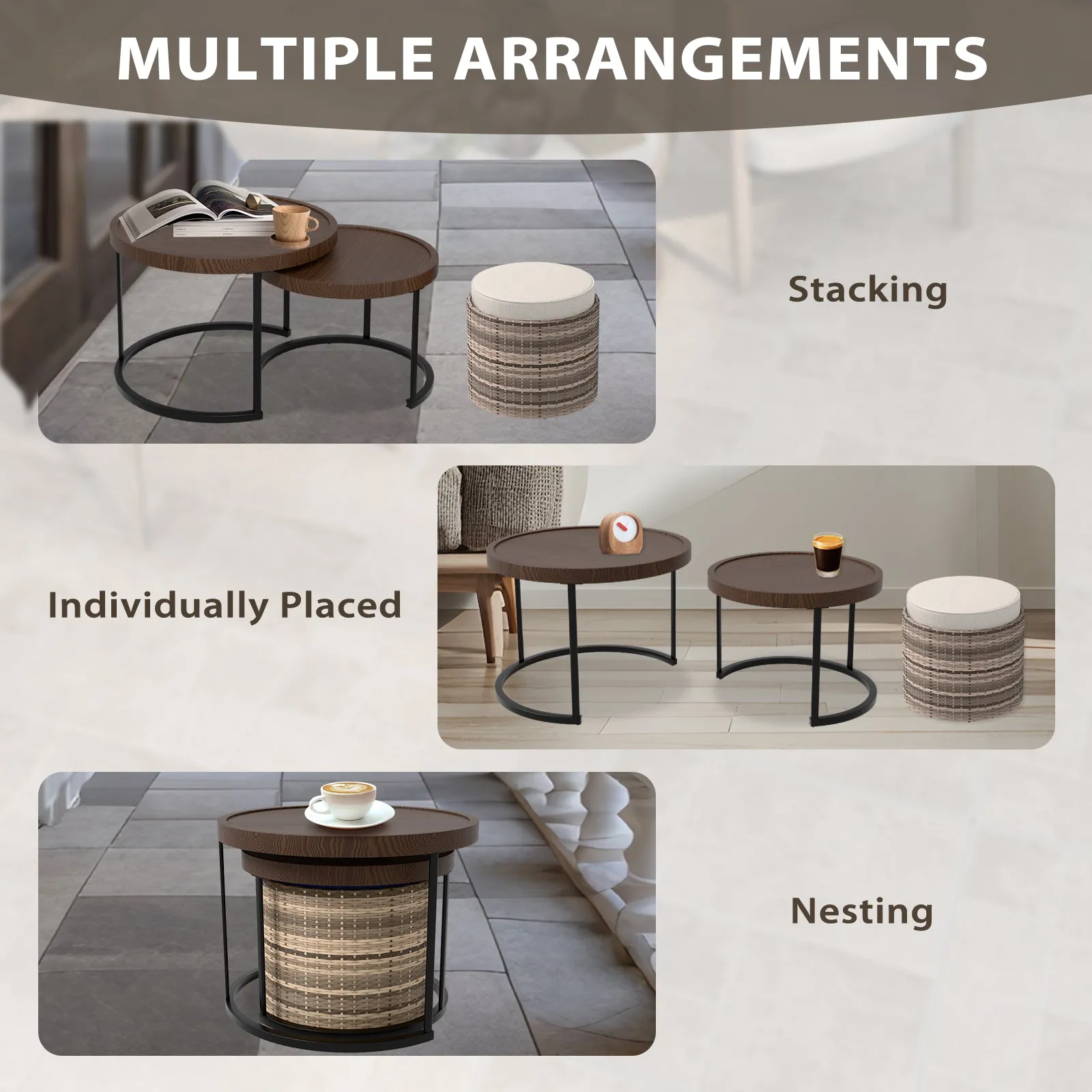 Sunset Dune Outdoor Patio Furniture, Set of 2 Nesting Coffee Tables 1 Ottoman
