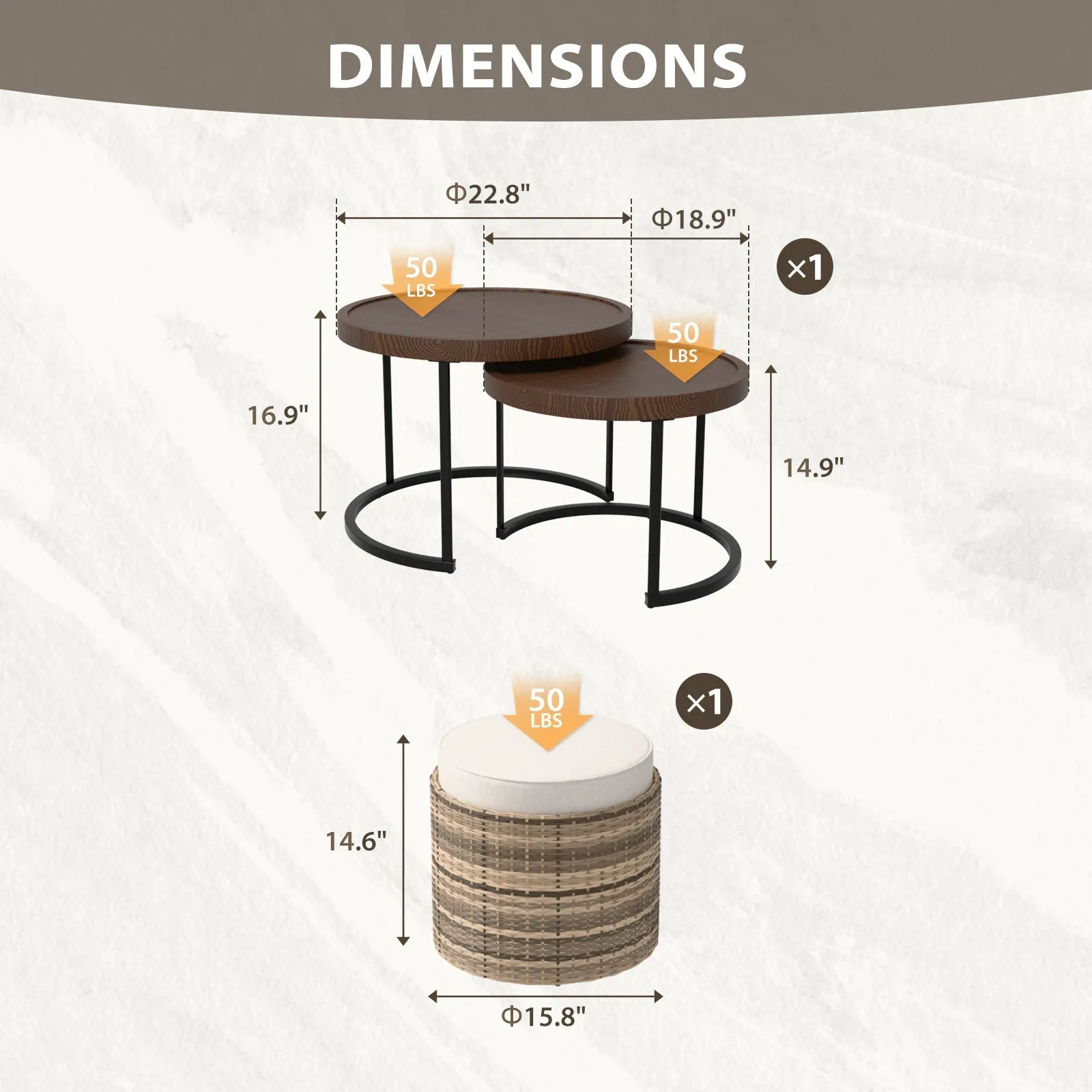 Sunset Dune Outdoor Patio Furniture, Set of 2 Nesting Coffee Tables 1 Ottoman