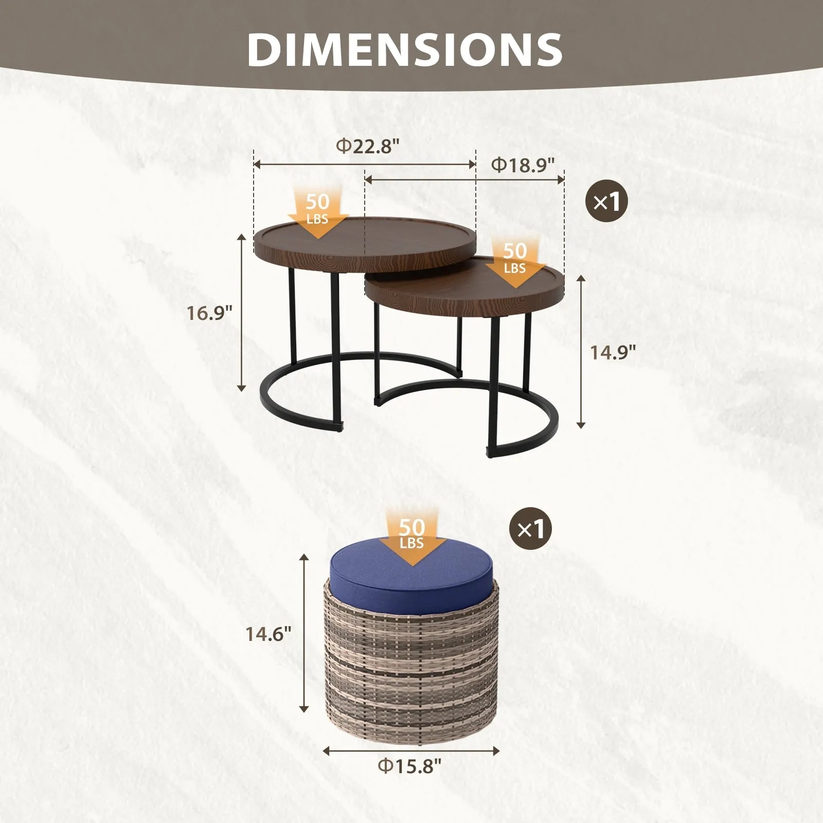 Sunset Dune Outdoor Patio Furniture, Set of 2 Nesting Coffee Tables 1 Ottoman