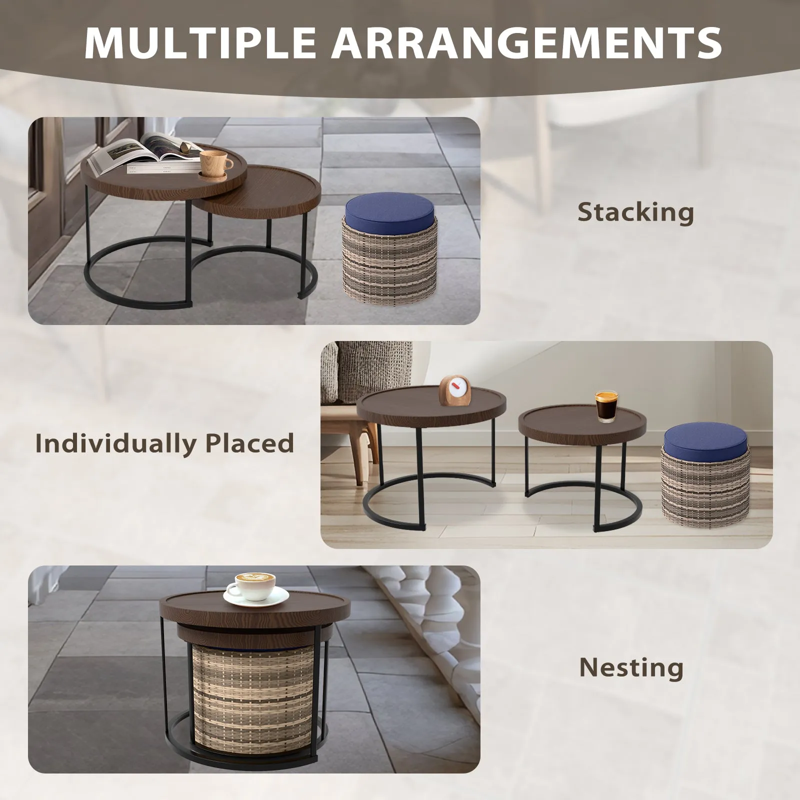 Sunset Dune Outdoor Patio Furniture, Set of 2 Nesting Coffee Tables 1 Ottoman