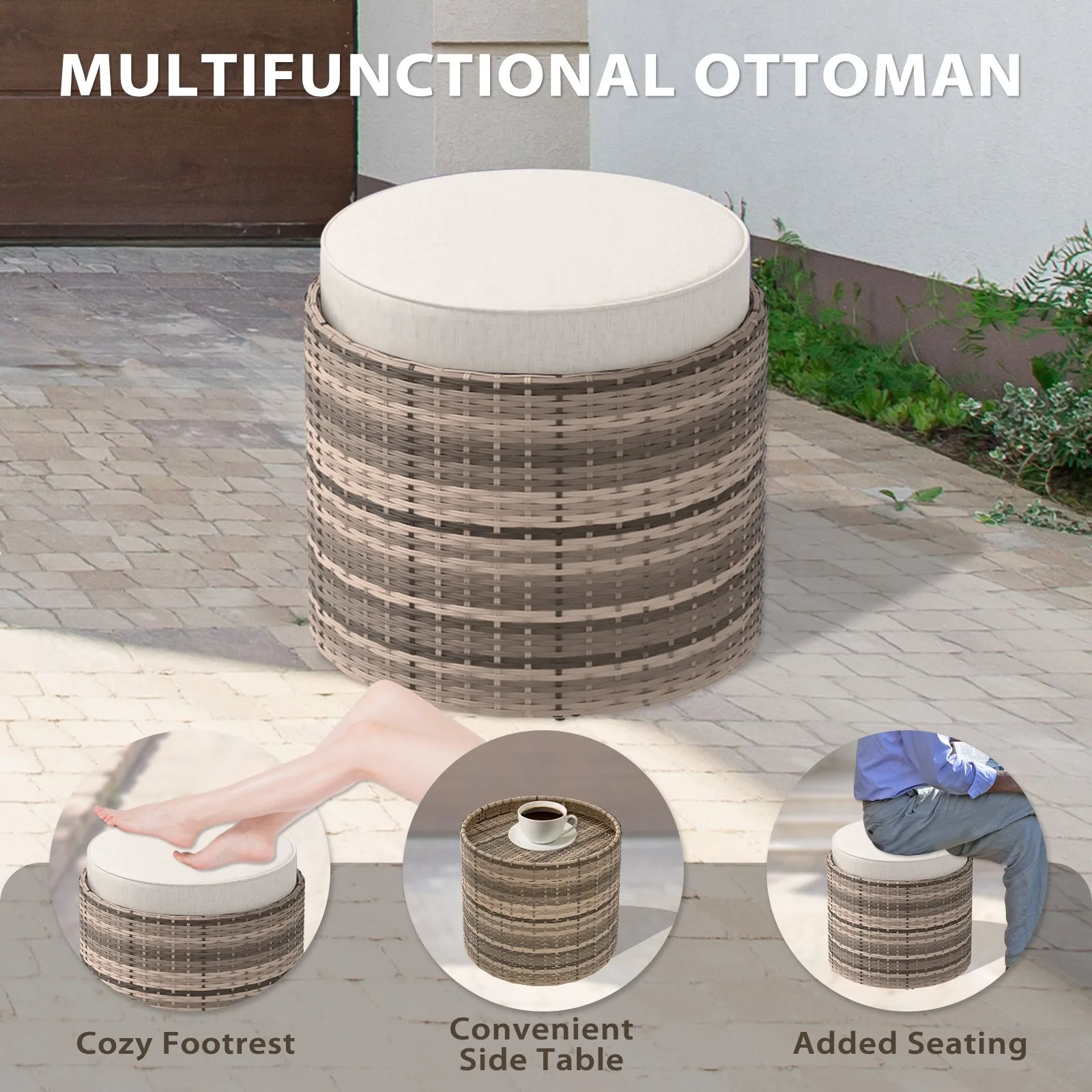 Sunset Dune Outdoor Patio Furniture, Set of 2 Nesting Coffee Tables 1 Ottoman