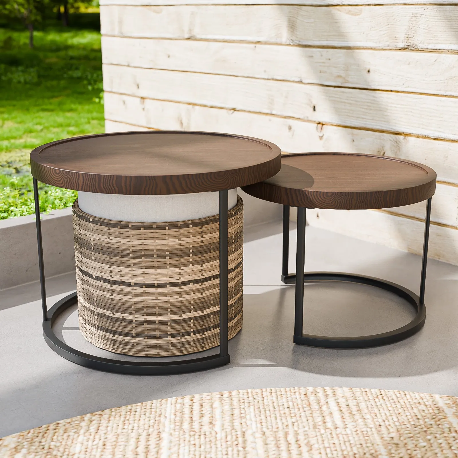 Sunset Dune Outdoor Patio Furniture, Set of 2 Nesting Coffee Tables 1 Ottoman
