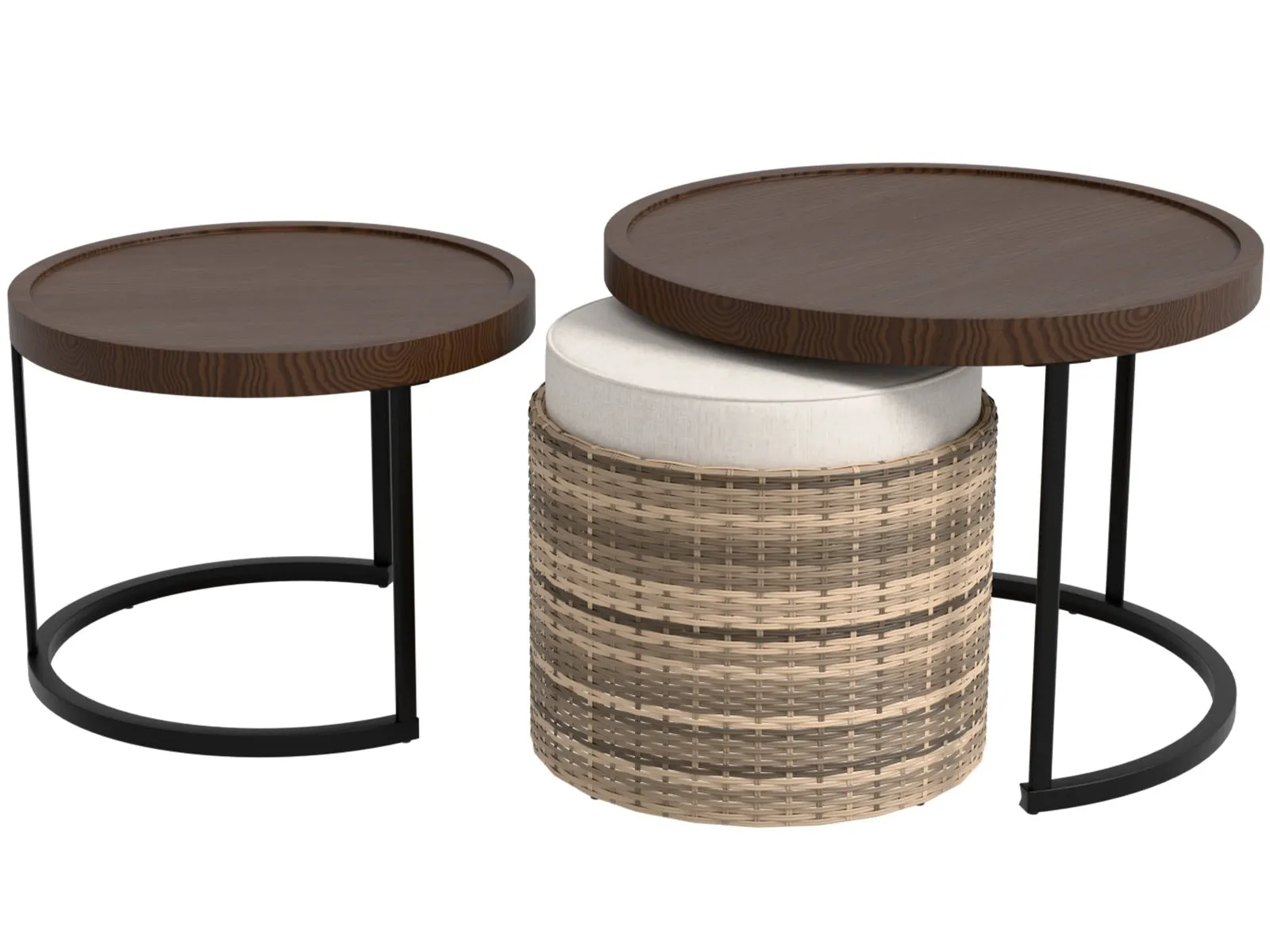 Sunset Dune Outdoor Patio Furniture, Set of 2 Nesting Coffee Tables 1 Ottoman