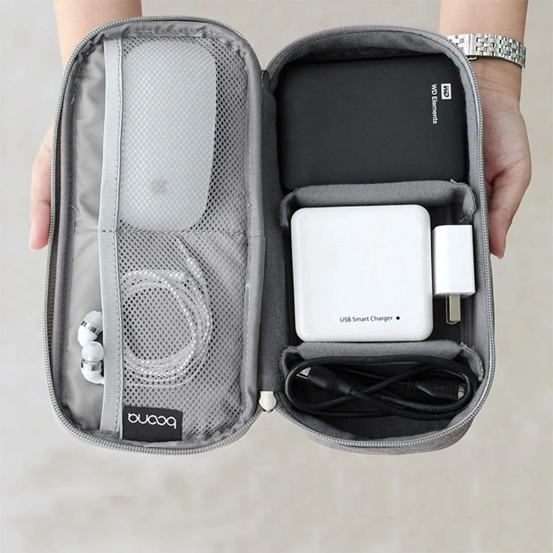 Surblue Electronics Organizer Accessories Cable Organizer Bag, Compact and Portable Waterproof Travel Cable Organizer Bag for USB cables, chargers, mobile power supplies, phones, SD cards, Grey
