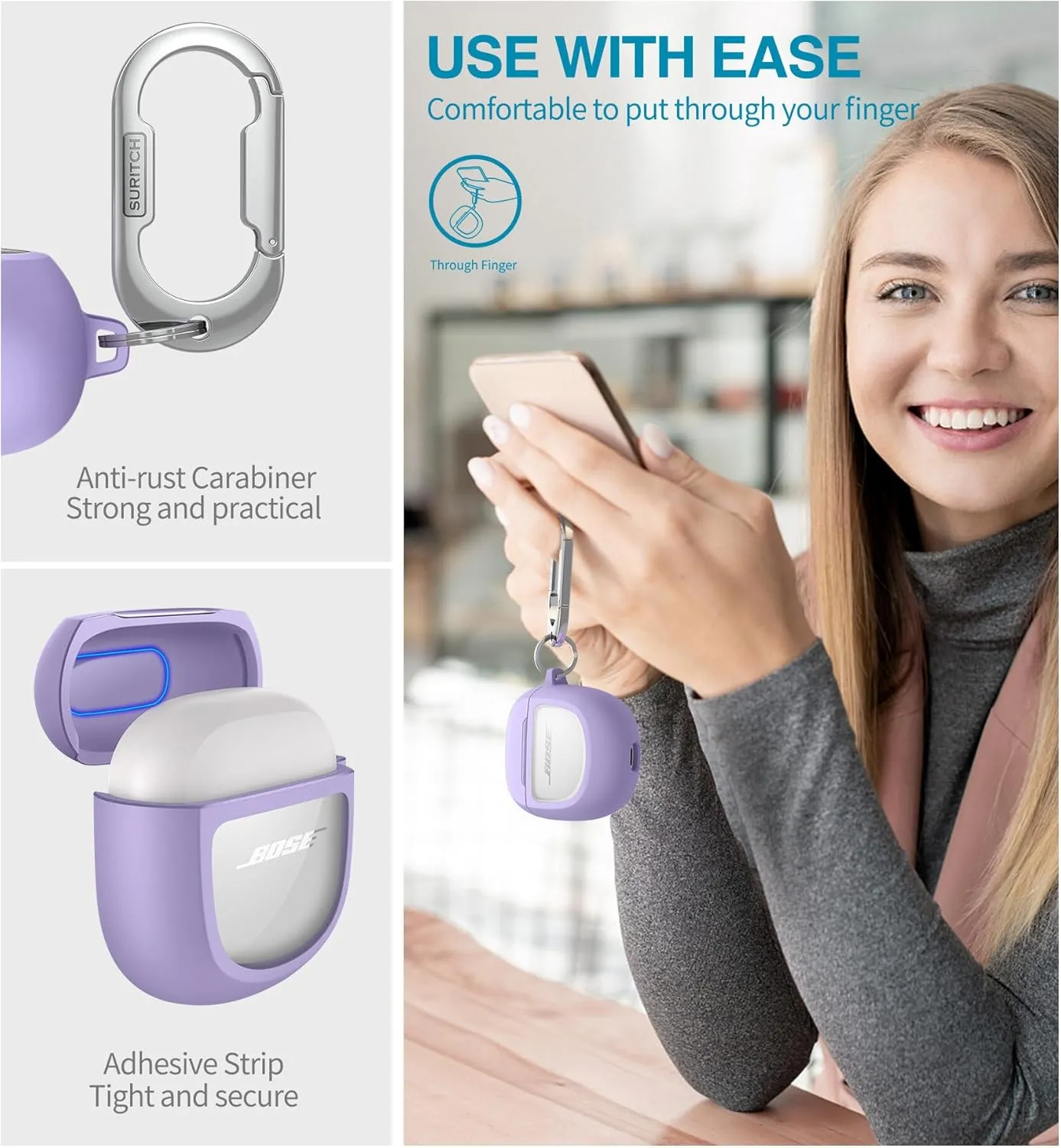 SURITCH Protective Cases for Bose QuietComfort Earbuds II 2022 / QuietComfort Ultra 2023, Shockproof Case Cover for Bose QC ii 2 Charging Case Accessories with Carabiner, Purple