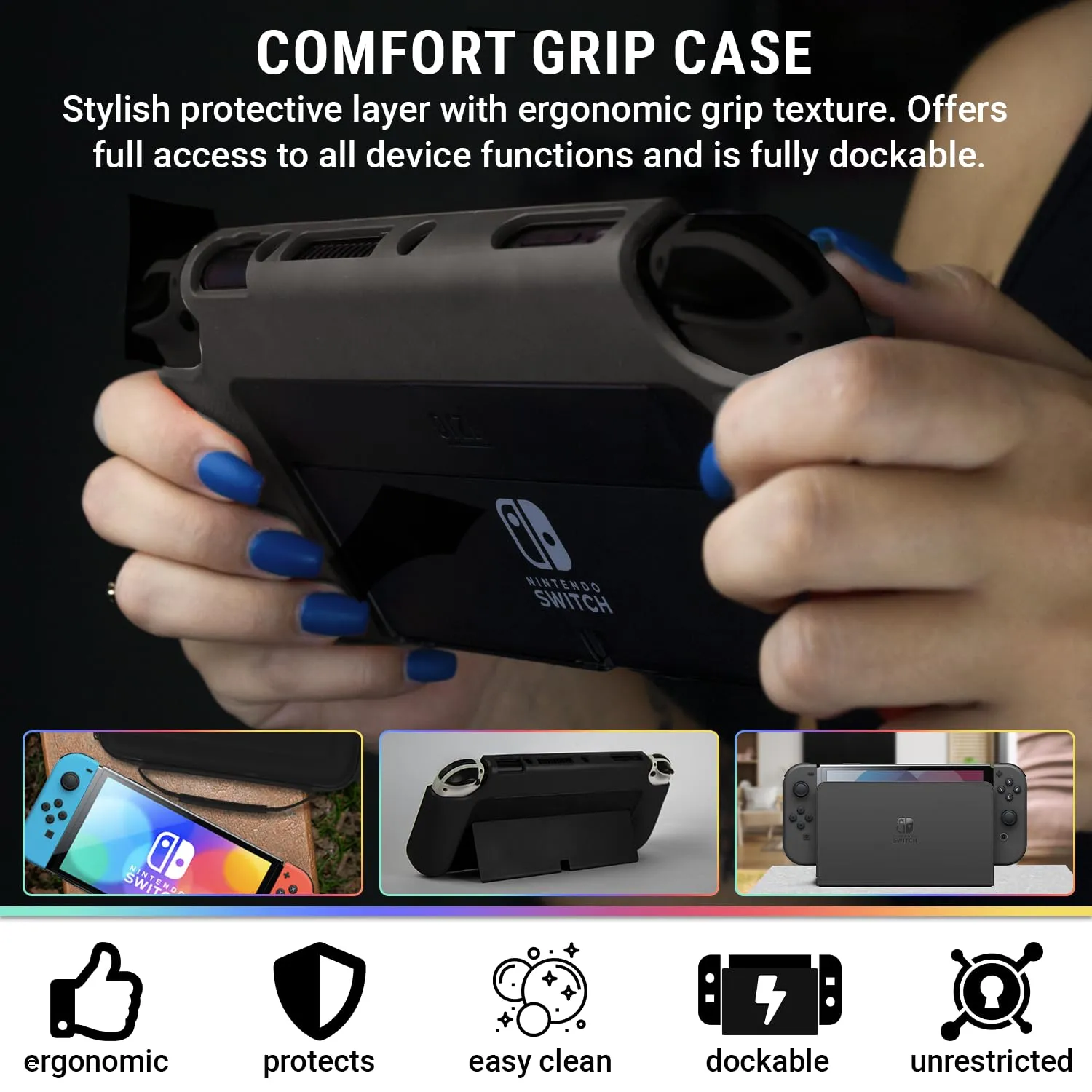 Switch Accessories Bundle - Orzly Essentials Pack for Nintendo switch OLED Case & Screen Protector , Grip Case, Games Holder, Headphones - Classic Black Edition