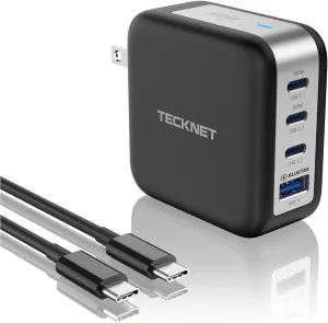 TECKNET 100W USB C Wall Charger, GaN  Portable USB-C Fast Charger Block with Type C Cable, PD Power Adapter for iPhone 15/15 Pro, MacBook Pro, iPad, AirPods, Dell XPS, Pixel, Samsung, PS5, Switch