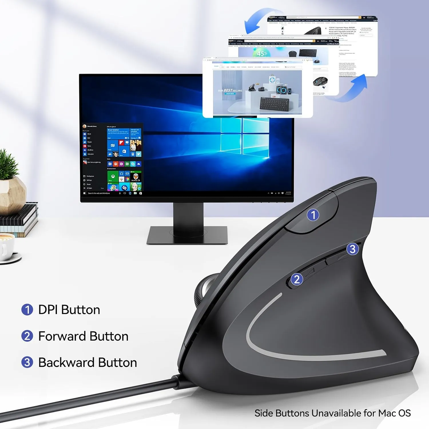 TECKNET Wired Mouse, 6400 DPI Ergonomic Mouse 6 Buttons Silent Mice 4 Adjustable DPI Vertical Mouse Compatible with Windows/Chrome/Laptop/Computerice