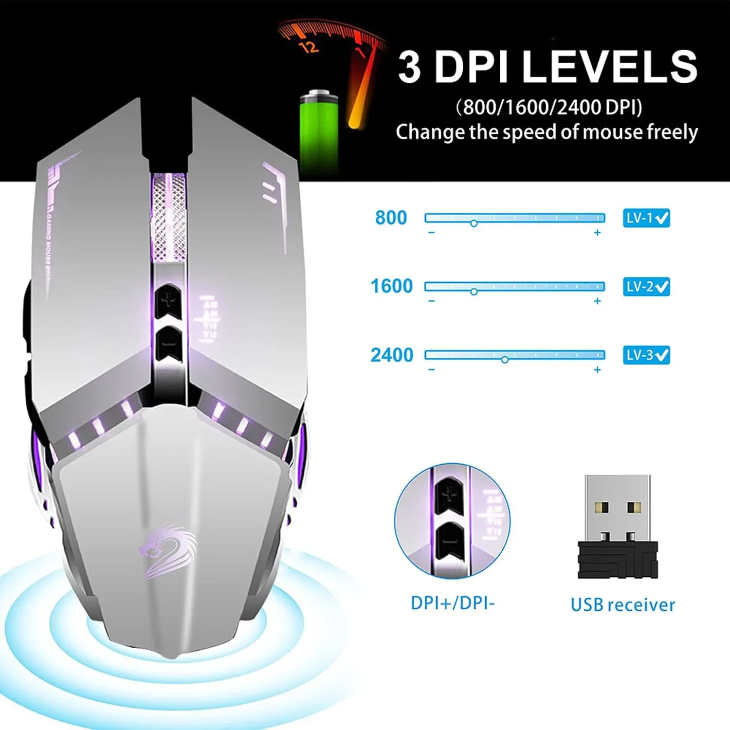 TENMOS T12 Wireless Gaming Mouse Rechargeable, 2.4G Silent Optical Wireless Computer Mice with Changeable LED Light for Laptop PC, 7 Buttons, 3 Adjustable DPI (Silver)