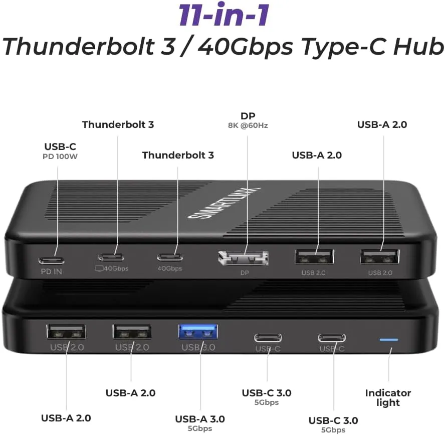 Thunderbolt 3 Dock Dual Monitor USB-C - 11 Ports 40Gbps Docking Station, PD 100W, 60W Charging - 8K/4K Displays Compatible with Windows 10/11, Mac OS 10.2 & Above, Dell, HP, Lenovo Laptops