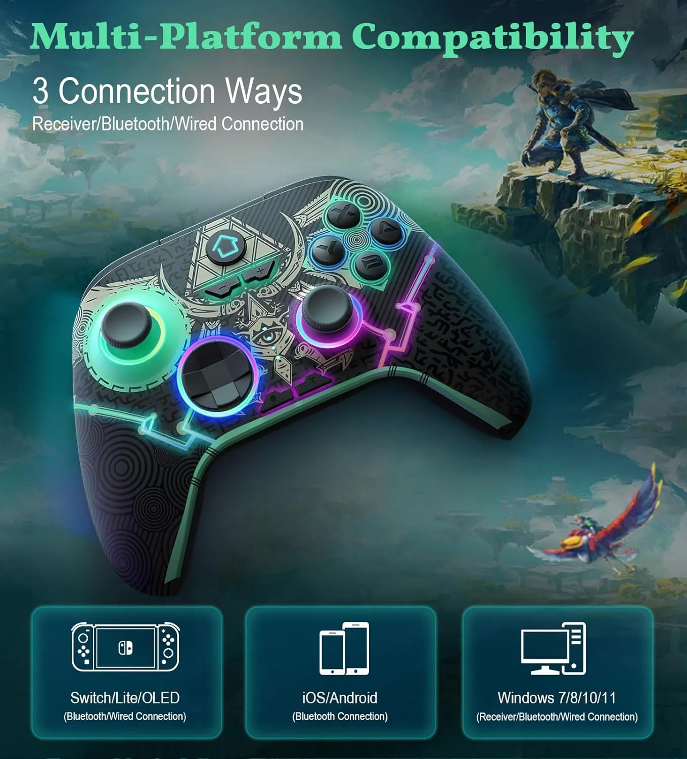 TiMOVO PC Controller for Switch/Windows PC/Steam, Wireless Bluetooth Controller with RGB Light/Hall Joysticks/Hall Triggers, Switch Controller with Wireless Adapter for PC, Steam, Android, iOS - Black