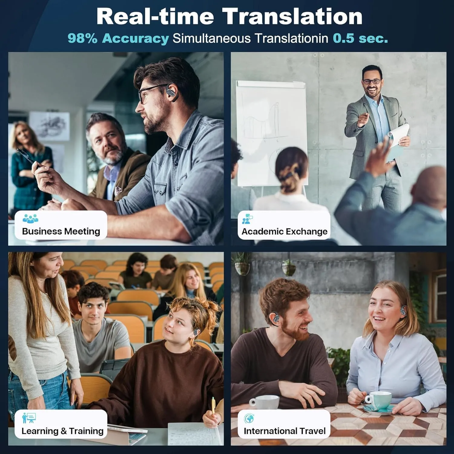 Translation Earbuds, 3-in-1 AI Language Translator with Premium Sound, 80H Playtime, Real-Time Translating Earbuds with Charging Case for Business, Learning, and Travel  Black (No Subscription Fee)