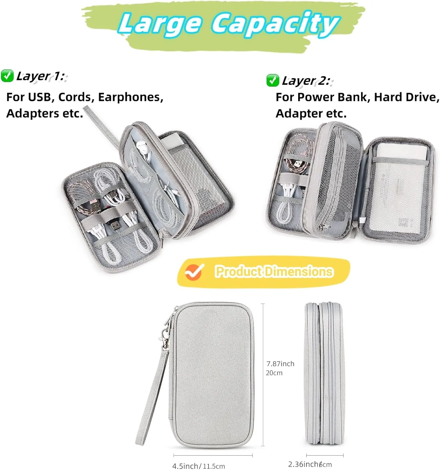 Travel Cable Organizer Pouch - Upgraded Waterproof Portable Double-Layer Electronic Accessories Storage Bag for Cords, Chargers, Phones, Earphones - All-in-One Tech Carry Case. B-D2 (Gray)