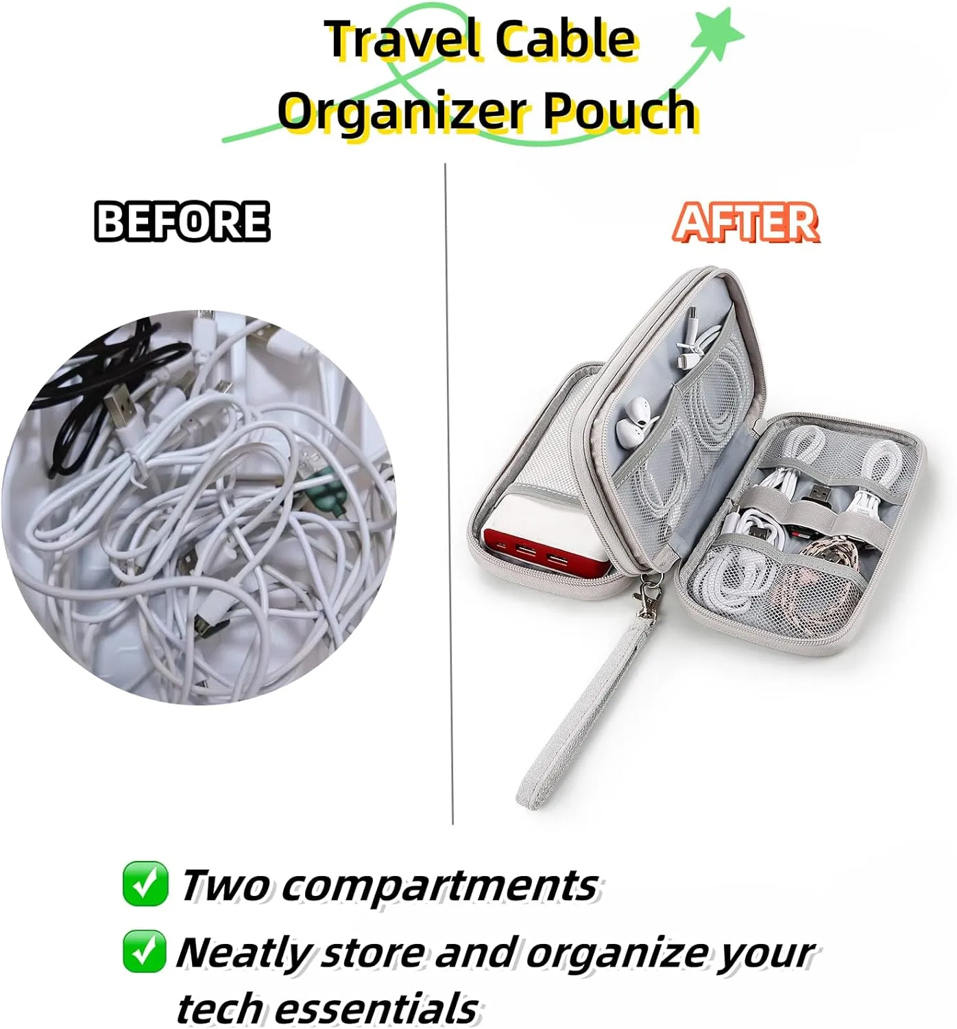 Travel Cable Organizer Pouch - Upgraded Waterproof Portable Double-Layer Electronic Accessories Storage Bag for Cords, Chargers, Phones, Earphones - All-in-One Tech Carry Case. B-D2 (Gray)