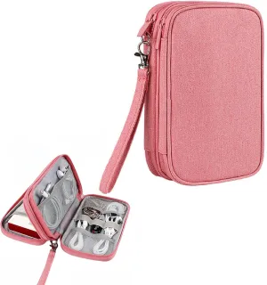 Travel Cable Organizer Pouch - Upgraded Waterproof Portable Double-Layer Electronic Accessories Storage Bag for Cords, Chargers, Phones, Earphones - All-in-One Tech Carry Case. B-D2 (Pink)