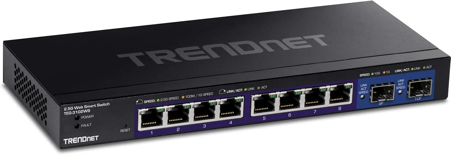 TRENDnet 10-Port Multi-Gig Web Smart Switch, TEG-3102WS, 8 x 2.5GBASE-T Ports, 2 x 10G SFP  Slots, Ethernet Splitter, Metal Housing, NDAA & TAA Compliant, Lifetime Protection, Black