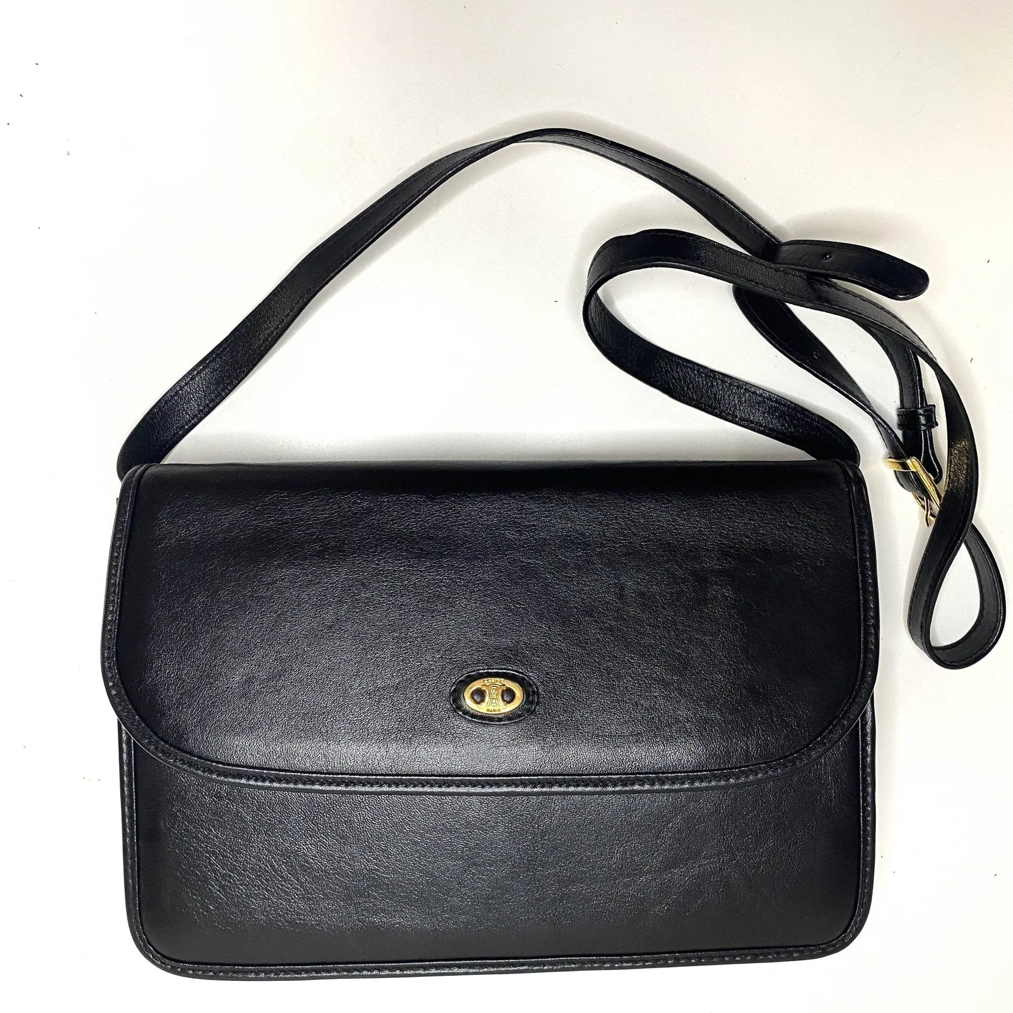 Triomphe Hardware Black Leather Flap Crossbody Bag