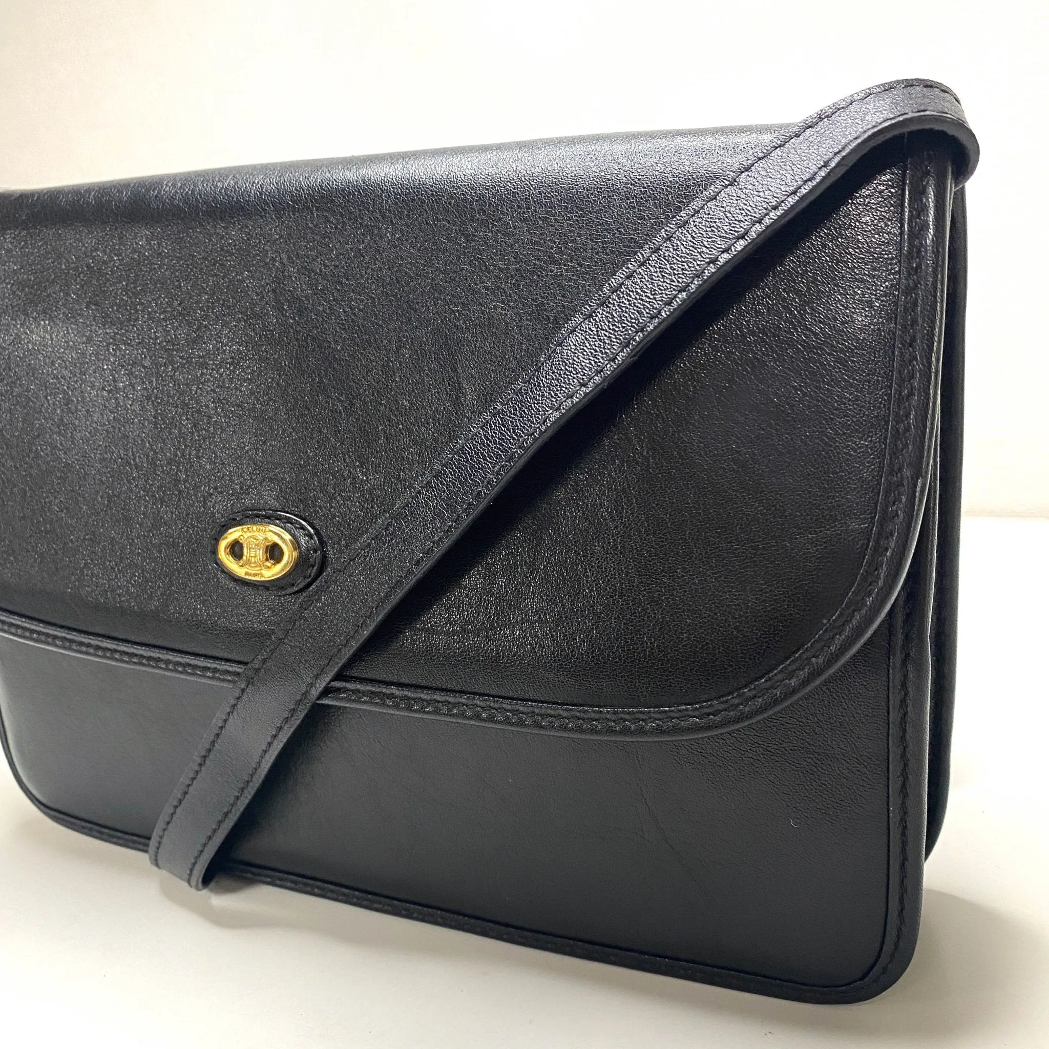 Triomphe Hardware Black Leather Flap Crossbody Bag