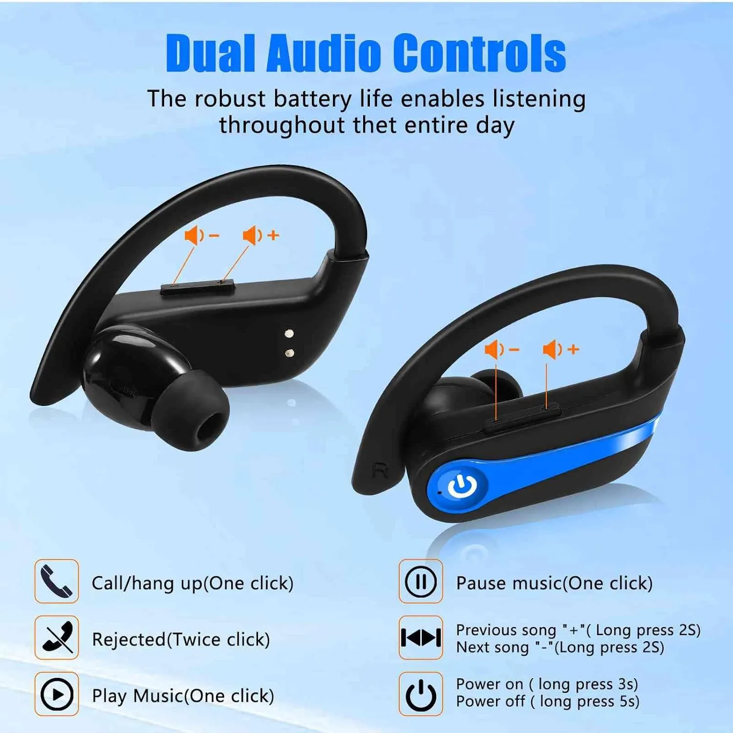 UrbanX Challenger Series Sports Earphones Wireless Bluetooth with Built-in Mic, 200H Superior Playtime, Immersive Sound, Quick-Pair, Secure Fit, IPX7 Waterproof, Compatible with Black Shark - Blue