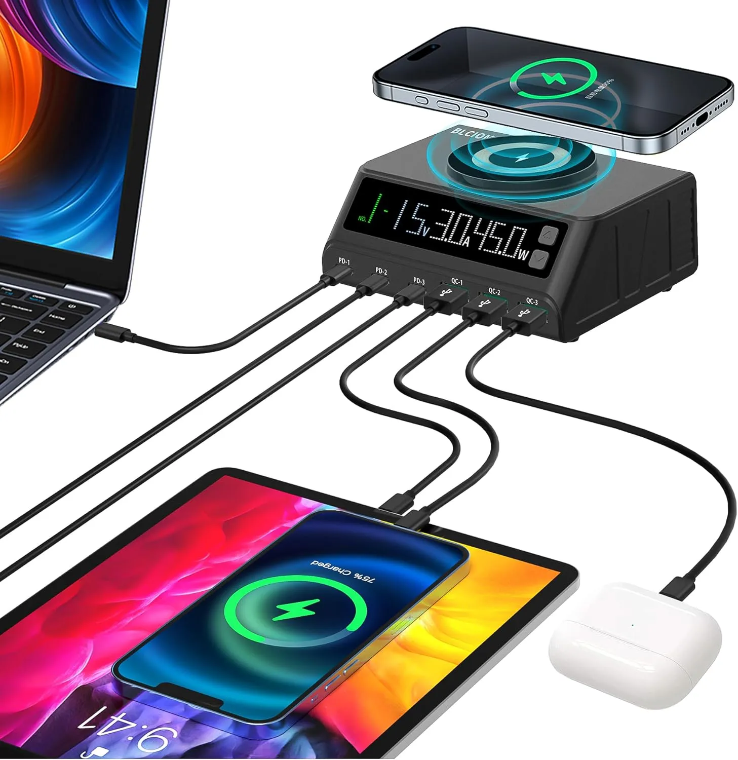 USB C Charging Station for Multiple Devices,110W 6-Ports GaN Chargers Block,Magnetic Wireless Multi Charging Station Dock for iPod, iPhone, iPad, Laptop,Samsung,Tablet, Android Devices Black