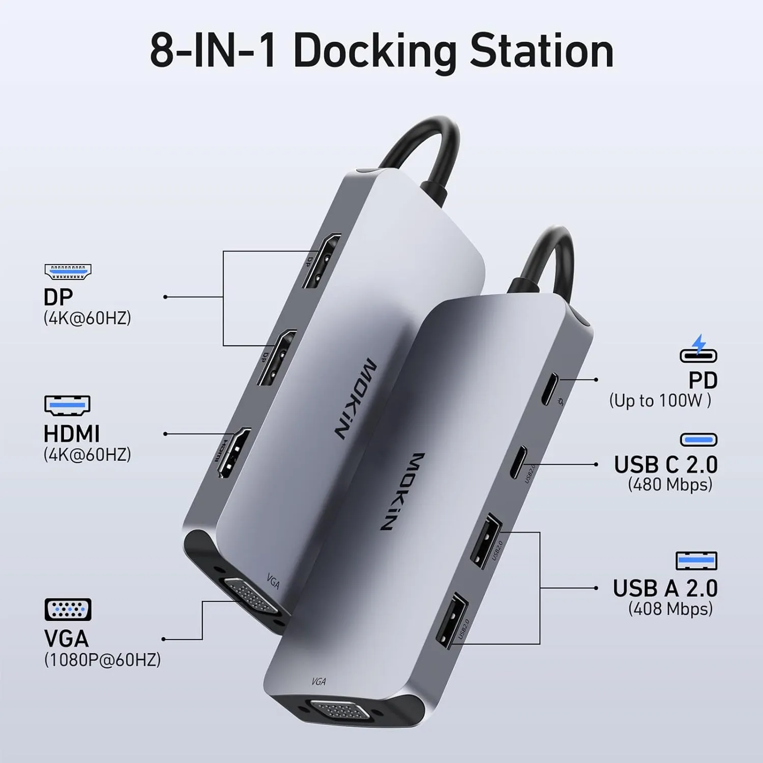 USB C Docking Station Dual DisplayPort, 8 in 1 USB Hub with 2 DP, HDMI, VGA, USB C 2.0, A 2.0, PD Charging Port, Multi Monitor Adapter for Dell/HP/Lenovo Laptops