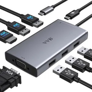 USB C Docking Station Dual Displayport Monitor Adapter for Dell/HP/Lenovo Laptop, Laptop Docking Station 3 Monitors with HDMI 4K 2 DP VGA USB-C Hub Quadruple Display, Thunderbolt Dock to 100W PD 3USB