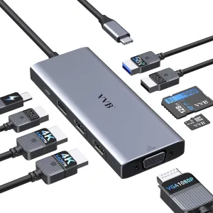 USB C Docking Station Dual Monitor HDMI Adapter for Dell HP Lenovo,Laptop Docking Station 3 Monitors USB C Hub Multiple Adapter Dongle with 2 HDMI 4K VGA 100W PD Charger 3 USB Port SD/TF Card Reader