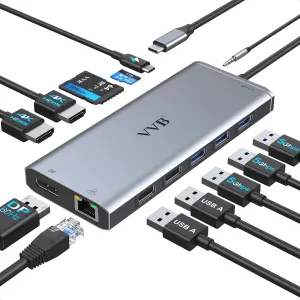 USB C Laptop Docking Station Dual Monitor HDMI for Dell/HP/Lenovo Laptop Type C Hub Multiport Adapter Dongle Dock,USB C to 2 HDMI DisplayPort DP Ethernet 100W USB C Power Charge Port 5USB SD/TF Audio