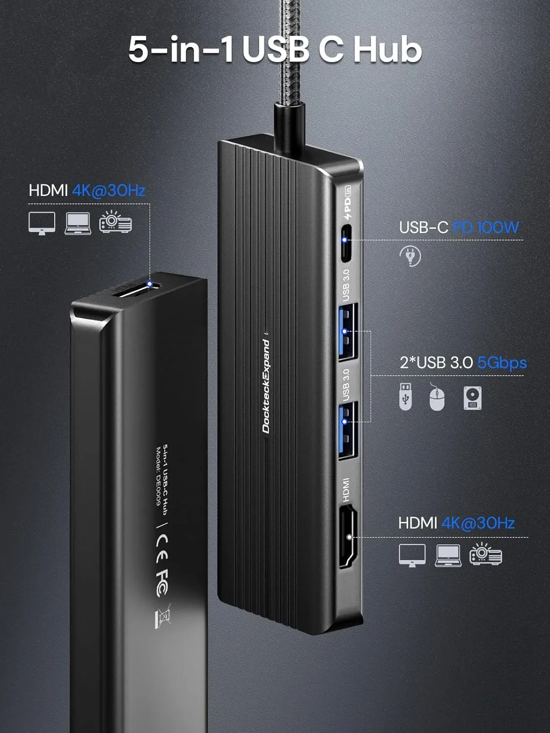 USBC to HDMI, DockteckExpand 5-in-1 USB C Hub with Dual HDMI 4K@30Hz, 2 USB 3.0 Ports, 100W PD Charging  Compatible with MacBook, Dell, Chromebook & More