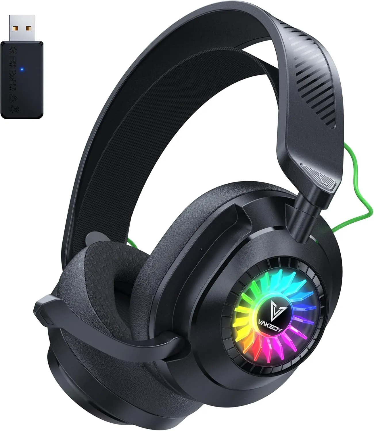 Vakedy HW10 Wireless Gaming Headset for PS5,PS4,PC,2.4GHz Bluetooth Gaming Headphones with Noise Cancelling Microphone,50Hr Battery Gamer Headset for Switch, Laptop,Mobile,Mac,Cool RGB (Black)