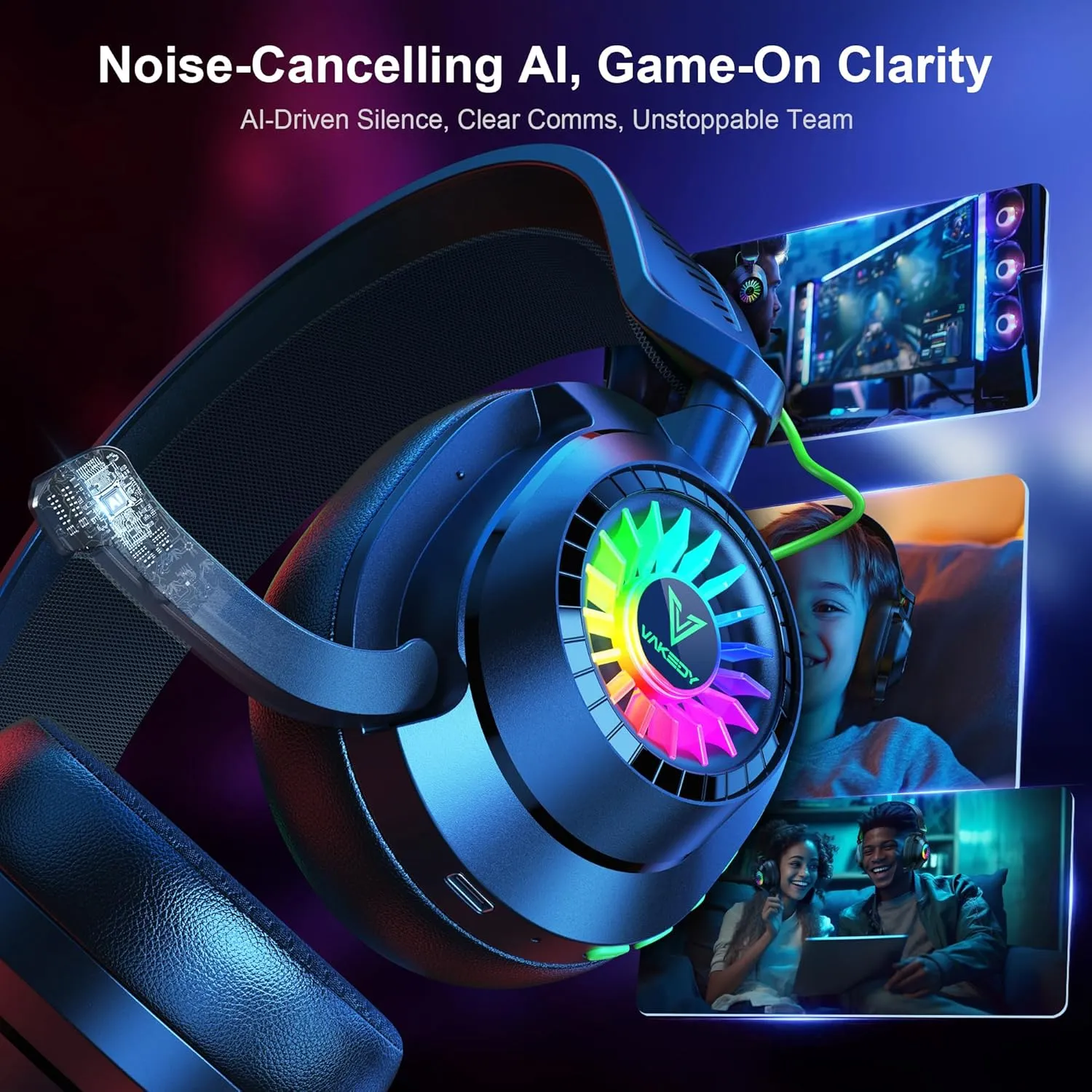 Vakedy HW10 Wireless Gaming Headset for PS5,PS4,PC,2.4GHz Bluetooth Gaming Headphones with Noise Cancelling Microphone,50Hr Battery Gamer Headset for Switch, Laptop,Mobile,Mac,Cool RGB (Black)