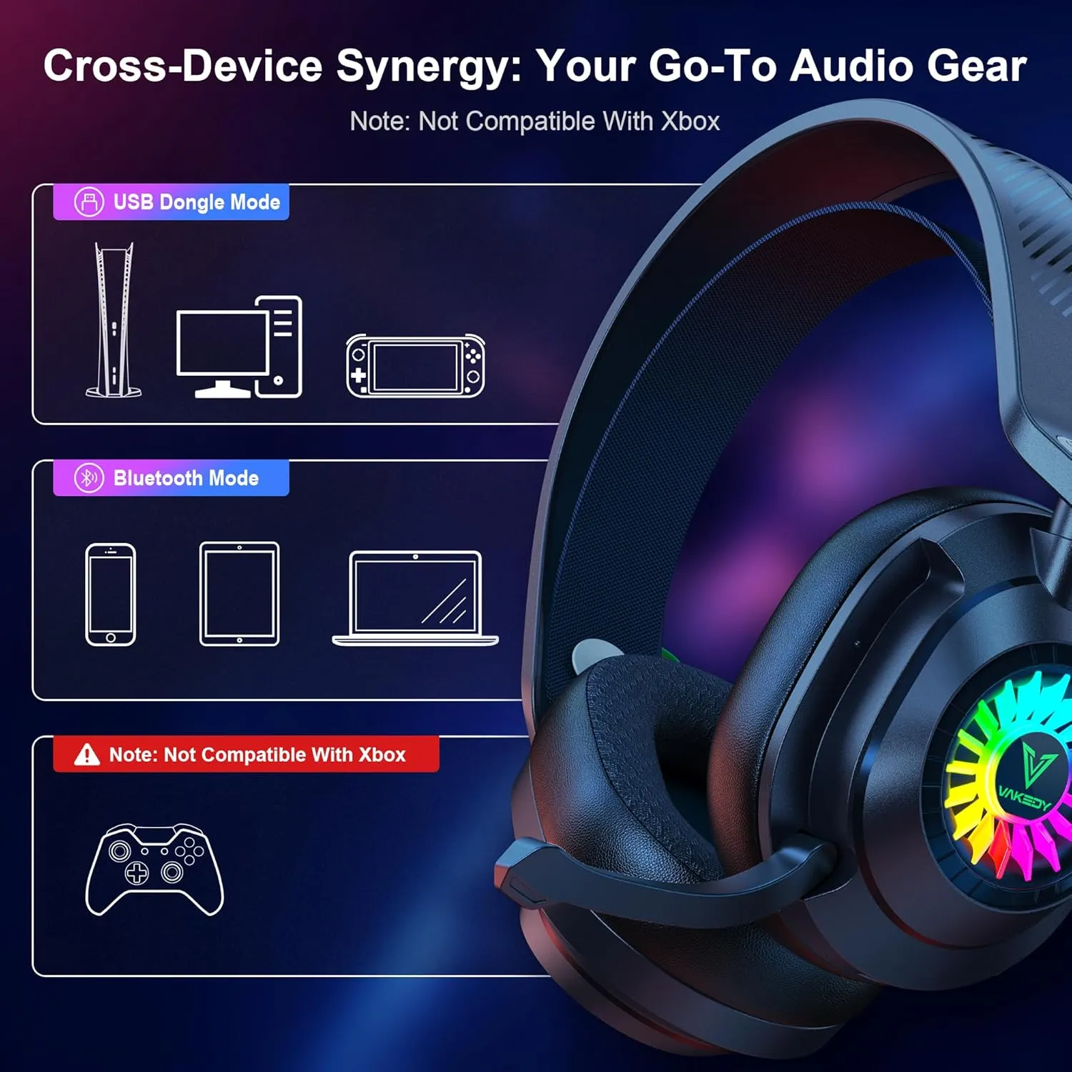 Vakedy HW10 Wireless Gaming Headset for PS5,PS4,PC,2.4GHz Bluetooth Gaming Headphones with Noise Cancelling Microphone,50Hr Battery Gamer Headset for Switch, Laptop,Mobile,Mac,Cool RGB (Black)