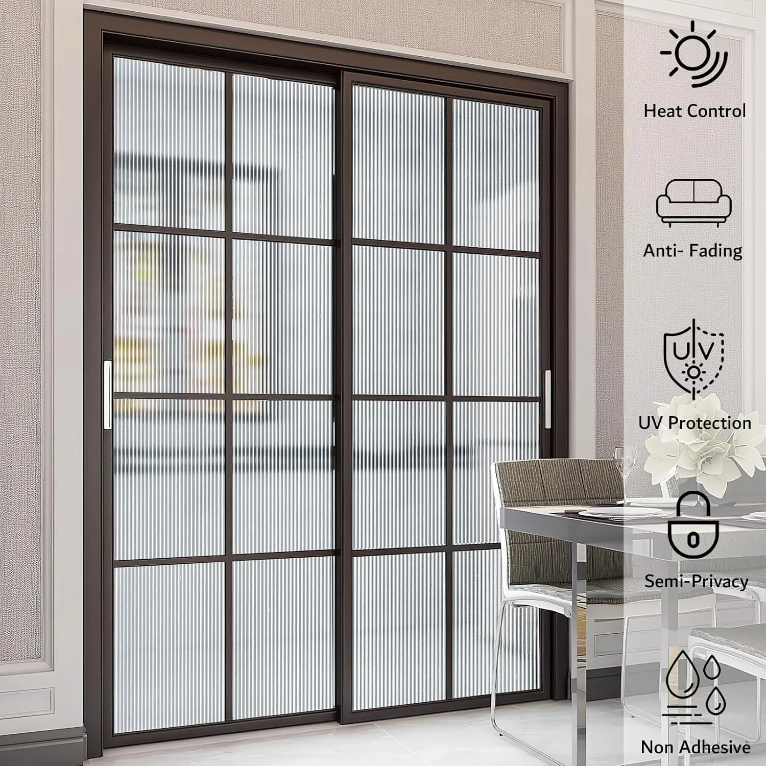 VELIMAX Reeded Glass Privacy Film, Frosted Window Vinyl, 3D Decorative Window Decals Non Adhesive for Bathroom, Living Room 17.7x78.7 inches
