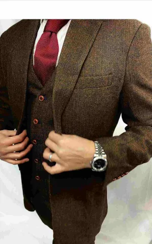 Wedding Brown Herringbone 2 Piece Tweed Suit