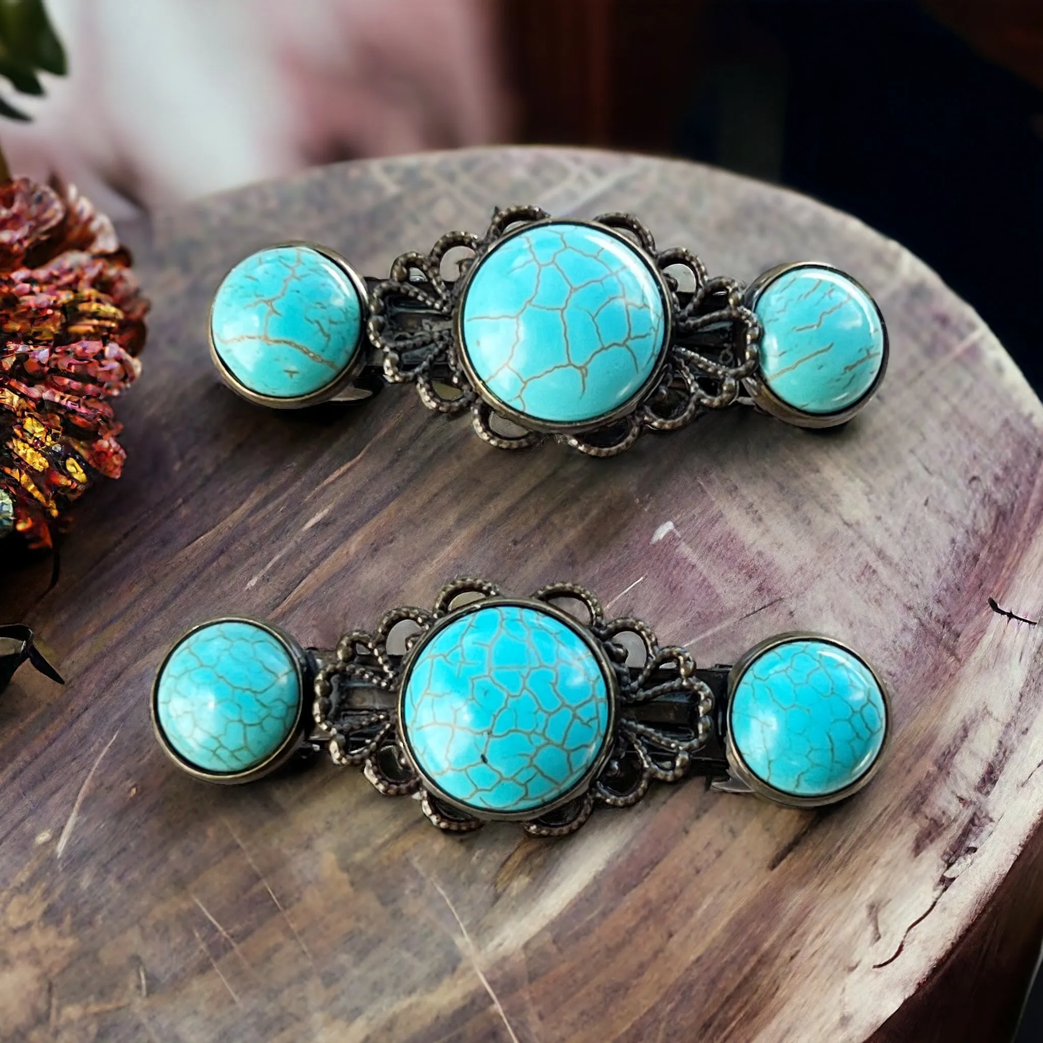 Western Turquoise Filigree Hair Barrettes: Stylish Southwestern Accents