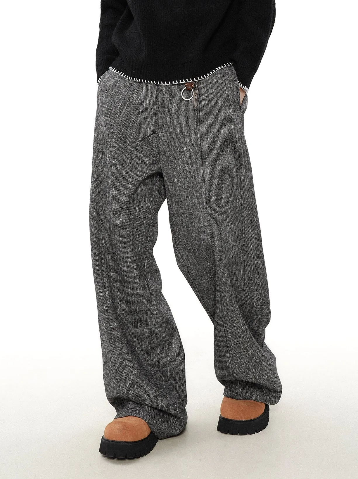 Wide Leg Textured Trousers with Strap Belt