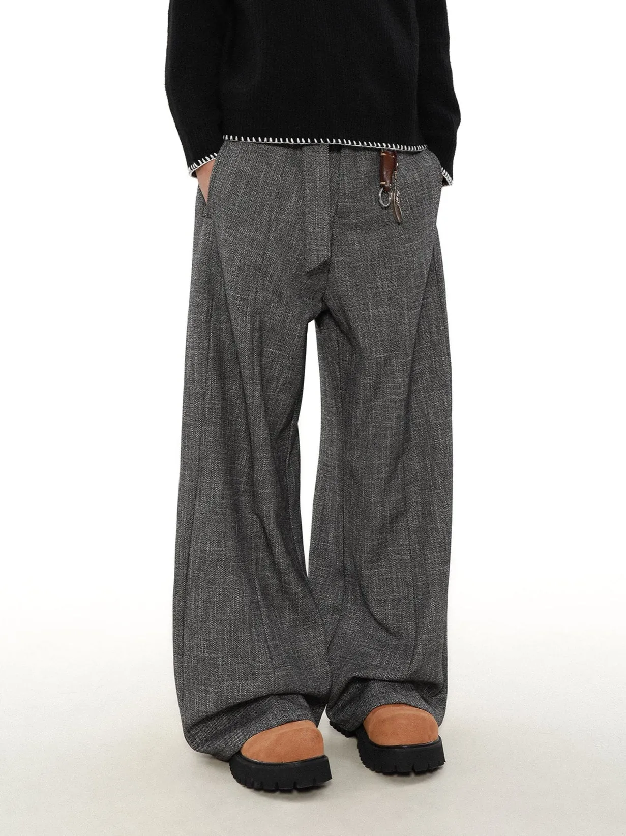 Wide Leg Textured Trousers with Strap Belt