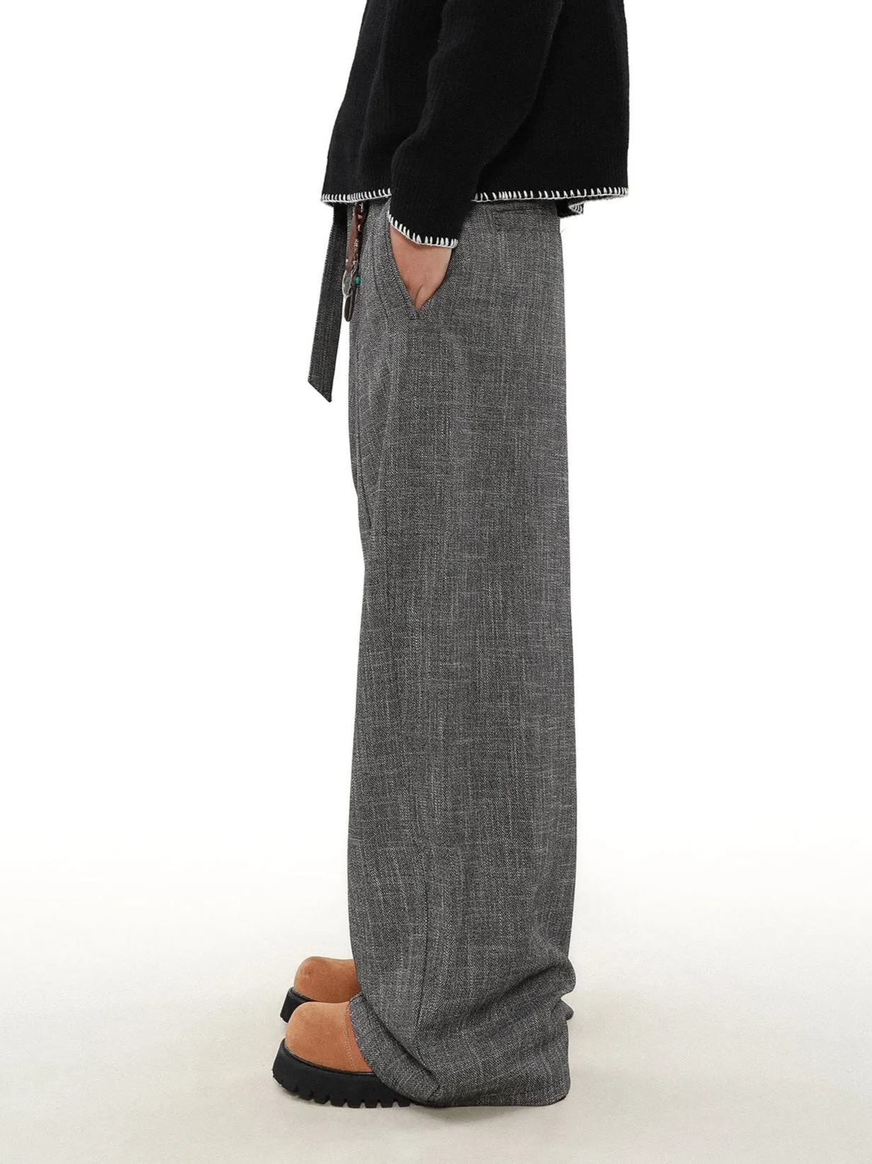 Wide Leg Textured Trousers with Strap Belt