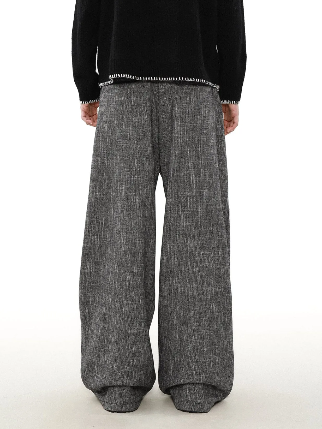 Wide Leg Textured Trousers with Strap Belt