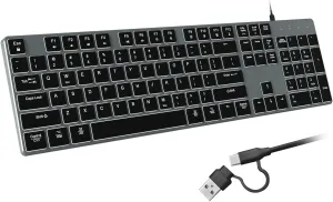 Wired Backlit Keyboard for Windows/Mac,Aluminum Slim & Quiet Full Size Keyboards Light Up with USB A/USB C Dual Interface,Compatible with iMac,MacBook,iPad,Laptop,PC-Gray Black