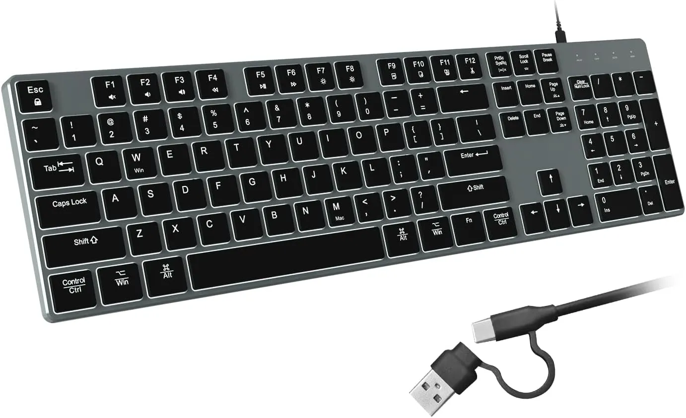 Wired Backlit Keyboard for Windows/Mac,Aluminum Slim & Quiet Full Size Keyboards Light Up with USB A/USB C Dual Interface,Compatible with iMac,MacBook,iPad,Laptop,PC-Gray Black