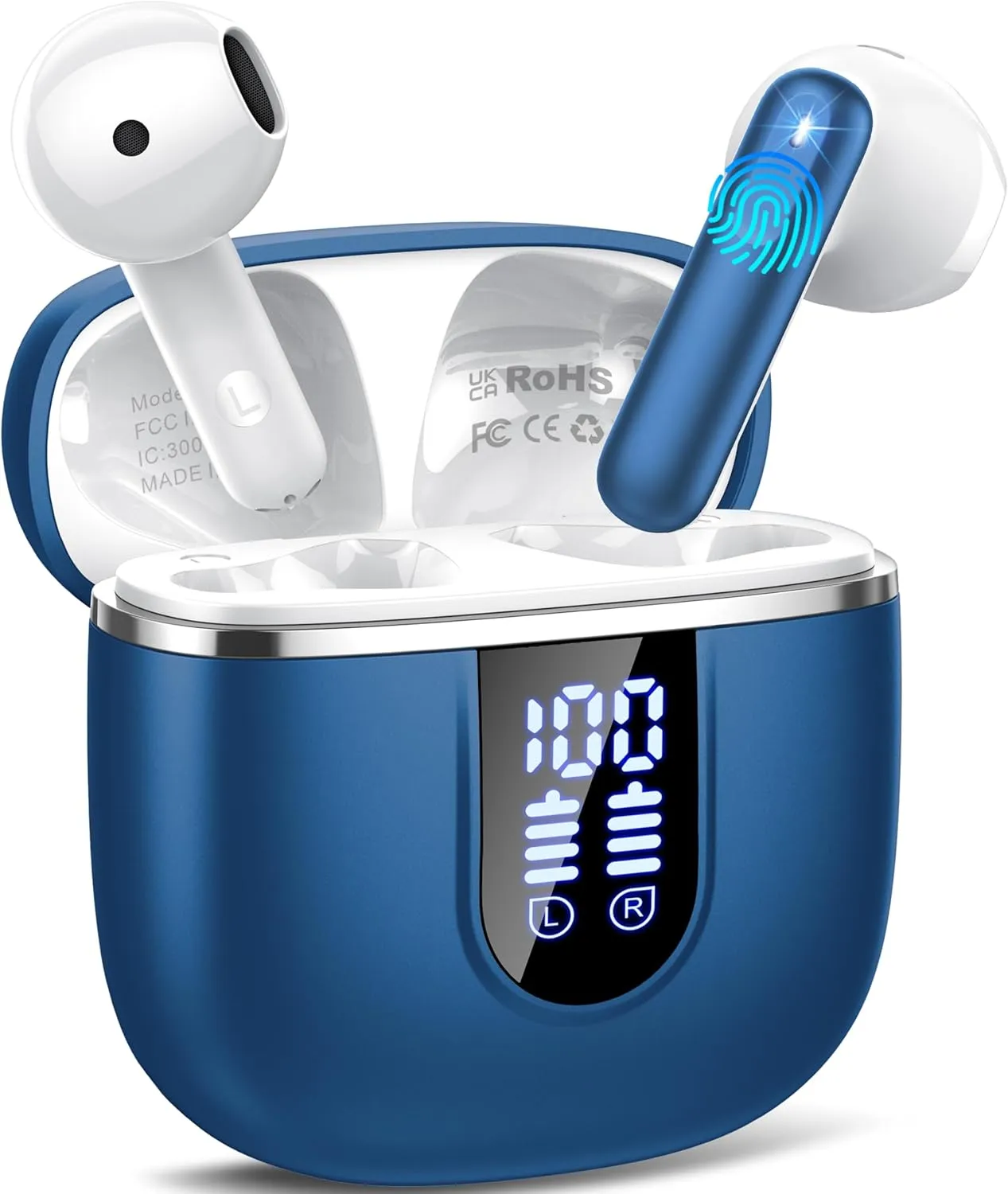 Wireless Earbuds, 2025 Bluetooth 5.4 Headphones in Ear Buds, 40H HiFi Stereo Bluetooth Earbuds with 4 ENC Noise Cancelling Mics, IP7 Waterproof Ultralight Earphones with Dual LED Display USB C, Blue